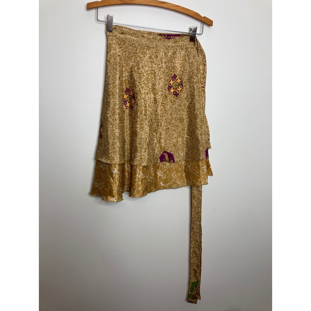 Darn Good Yarn Sari Silk Wrap Skirt Womens 4-12 Gold NWT Reversible Mini Boho